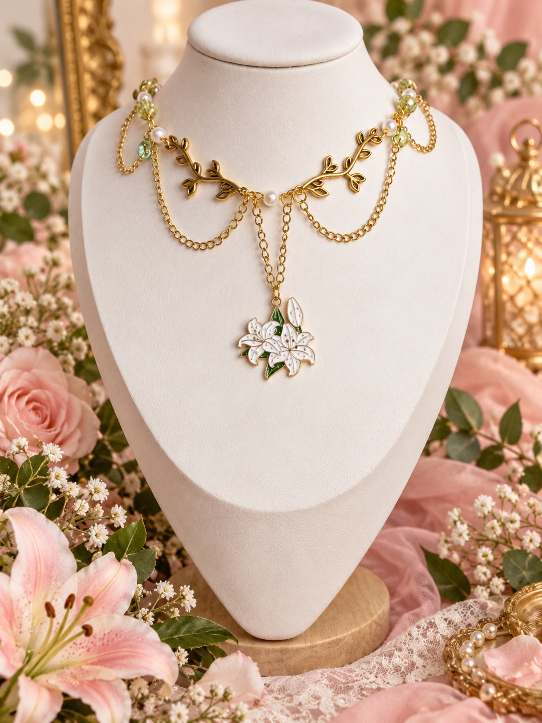 Gold-tone layered necklace with leafy branch details, pale green beads, white pearl-style beads and a white lily pendant.
