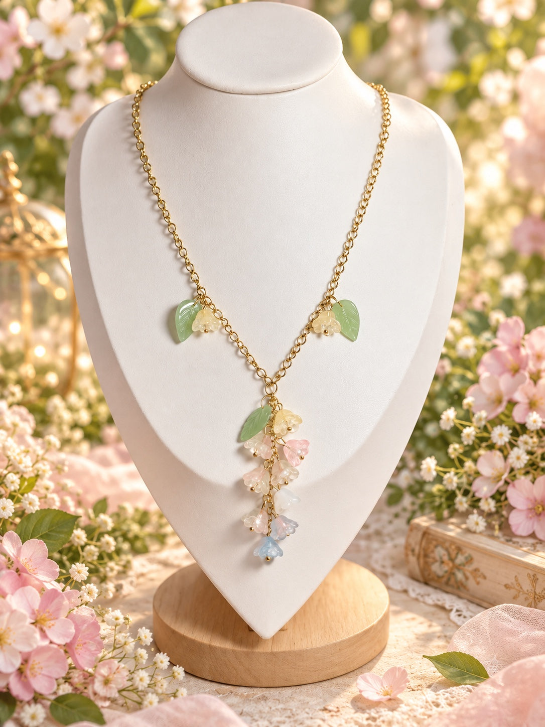 The Pastel Pixie Bloom Necklace: gold-tone chain with cascading pastel bell-shaped flowers and green leaf accents.