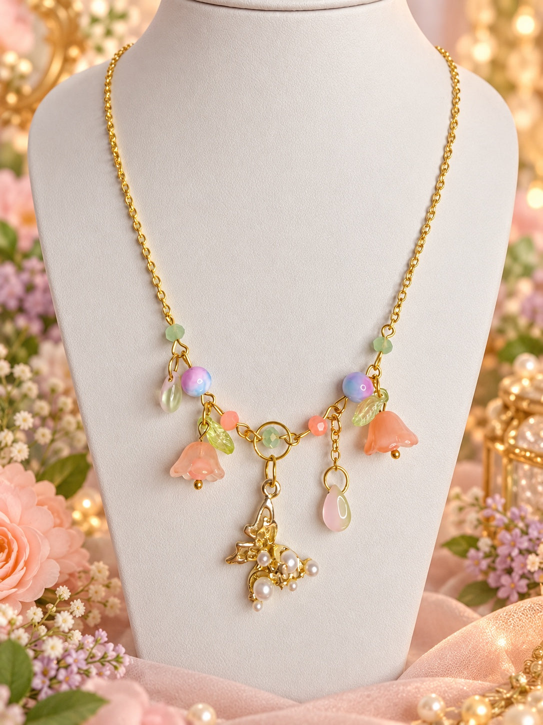 Gold-tone necklace with peach bell flowers, green leaves, pastel beads and a botanical pendant decorated with white pearl-style beads.