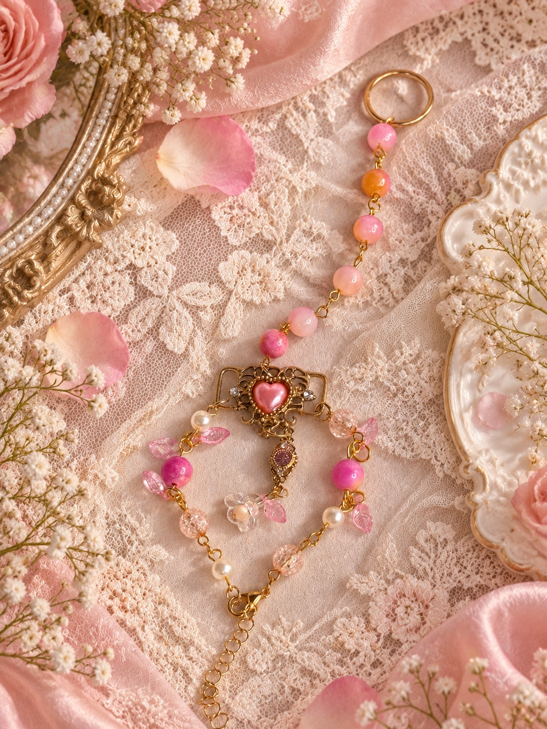 Pink and peach beaded gold-tone handchain with an ornate heart, flower and leaf charms, laid flat showing adjustable clasp.