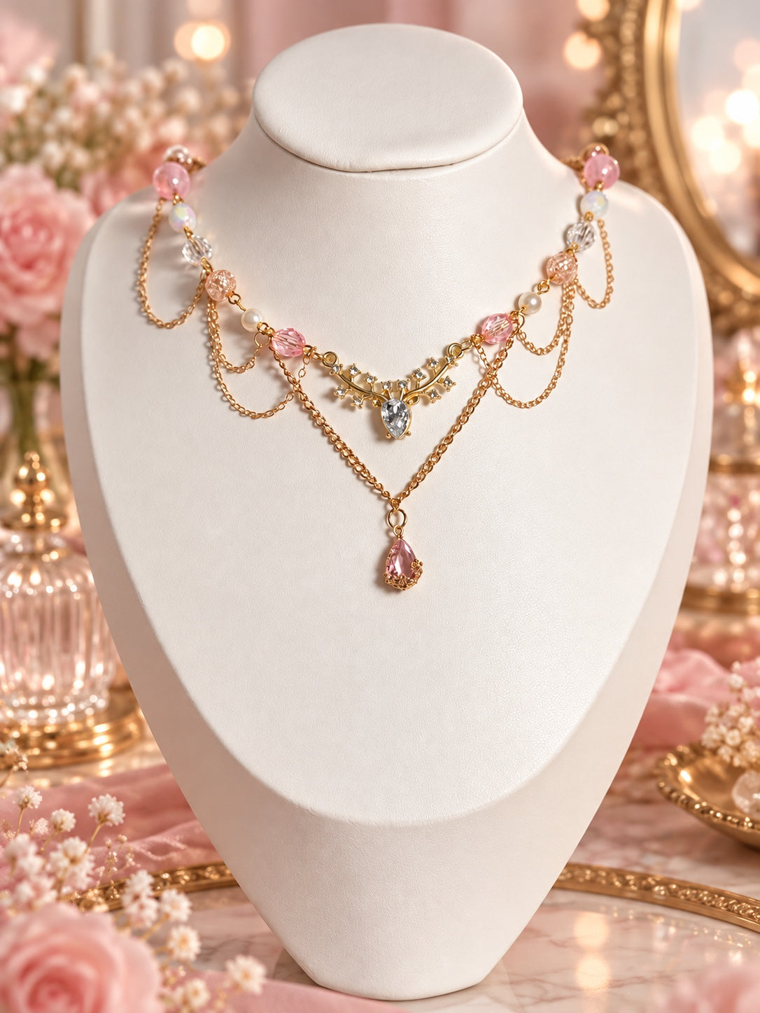 The Roselight Promise Necklace with pink and clear beads, pearl-style accents, draped gold-tone chains, a branching centrepiece and a pink teardrop pendant.