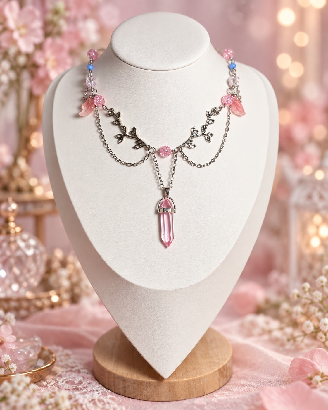 Silver-tone fairycore necklace with leafy branches, pink and clear beads, blue accents, draped chains and a pink pointed pendant.