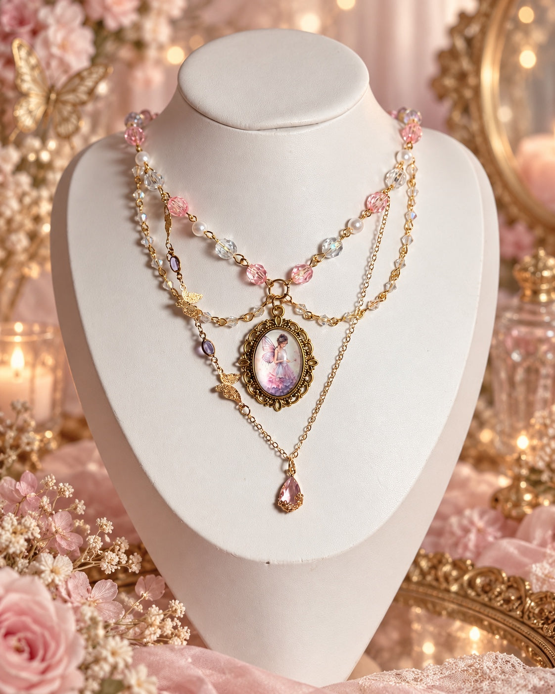 Layered gold-tone fairy necklace with pink and clear beads, faux pearls, an ornate fairy portrait pendant, butterfly accents and a pink teardrop.