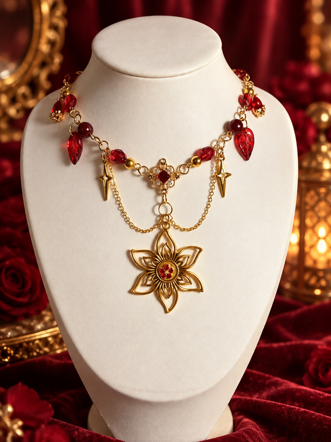 Gold-tone necklace with red beads and leaf charms, pointed star charms, draped chains and a large openwork flower pendant with red accents.