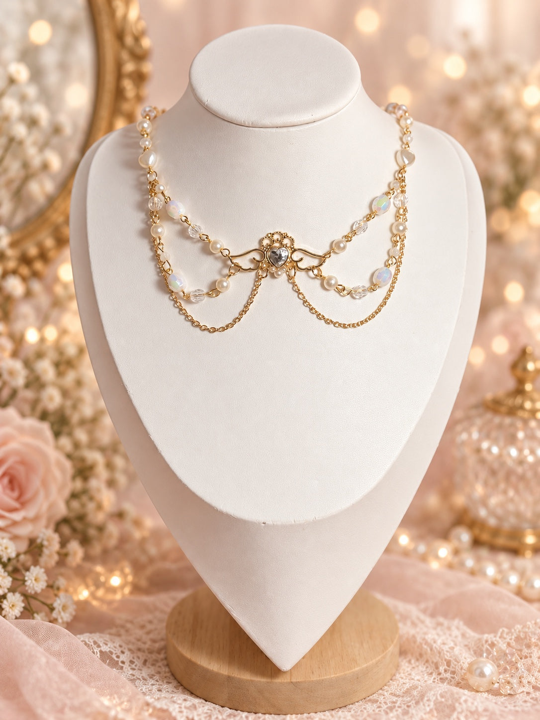Angelcore gold-tone necklace with an ornate winged heart centrepiece, ivory faux pearls, iridescent and clear beads, and draped chains