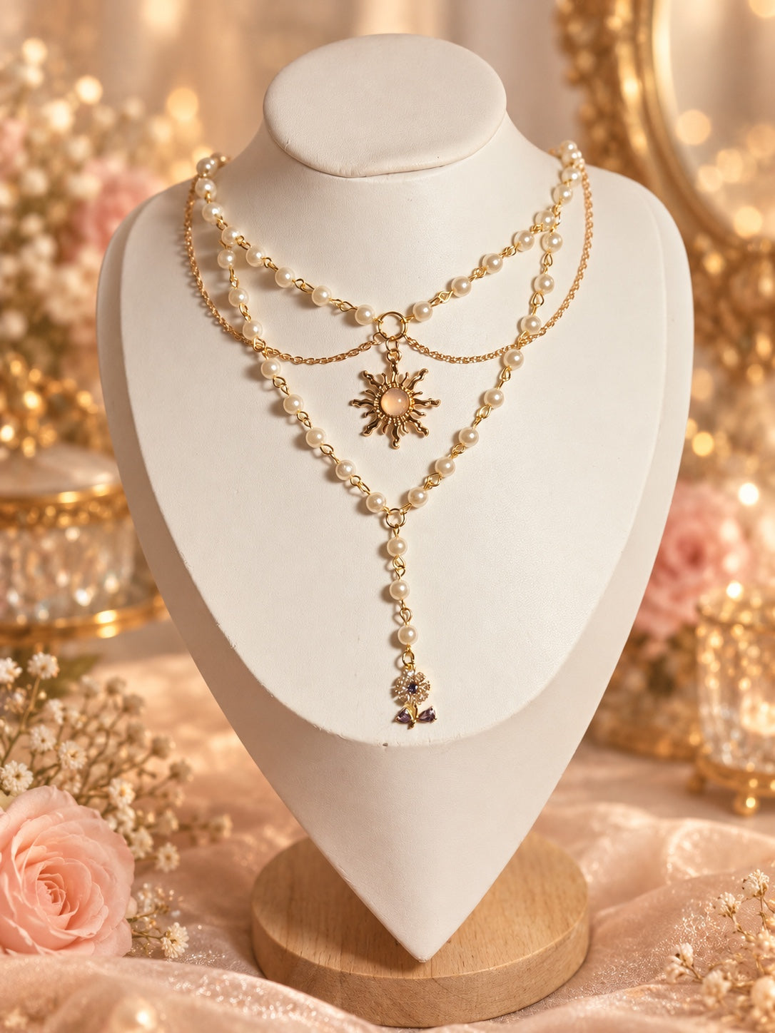 Layered gold-tone necklace with ivory faux pearls, a sun pendant and a small purple-accented flower charm