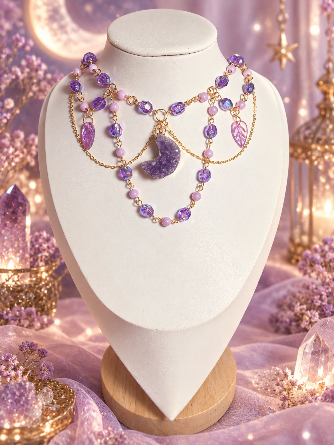 Purple and lilac layered necklace with gold-tone chains, a textured purple crescent moon pendant and translucent purple leaf charms.