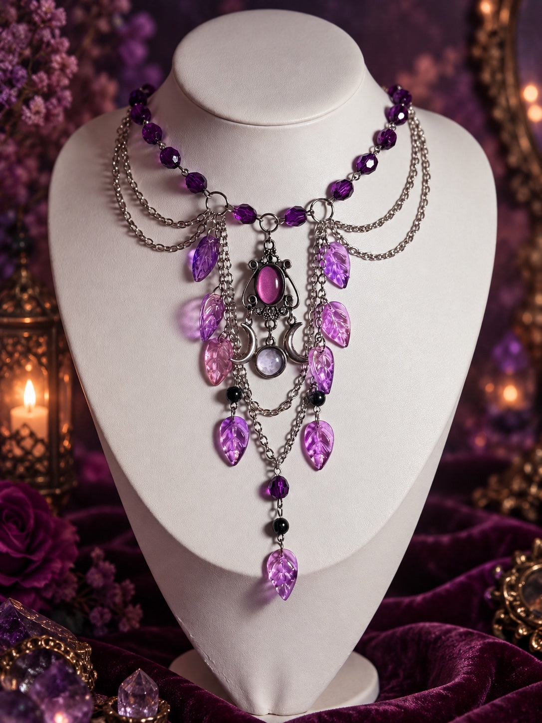 Layered silver-tone necklace with deep purple beads, cascading purple and pink leaves, black bead accents and an ornate triple-moon centrepiece.