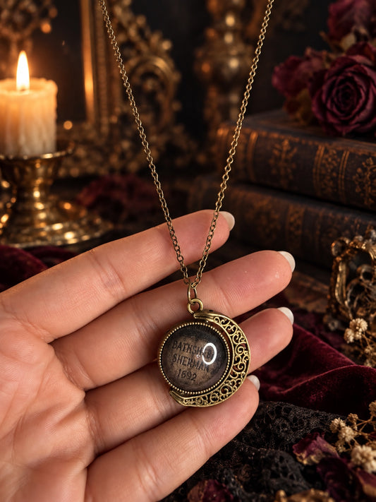 Antique bronze-tone crescent necklace with round Bathsheba Sherman inscription pendant