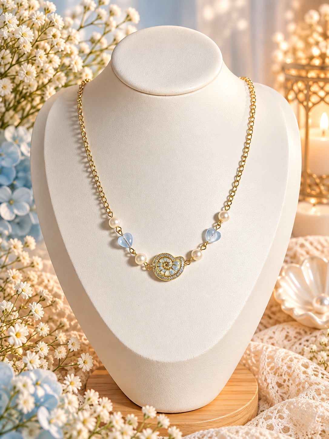 Dainty gold-tone necklace with pale blue heart beads, faux pearls and a spiral shell centrepiece