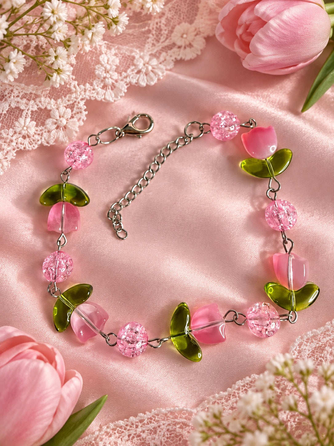 Handmade pink tulip bracelet with green leaf beads, sparkling pink beads and silver-tone clasp