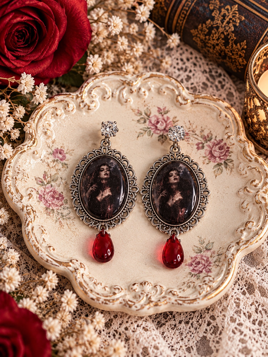 Ornate silver-tone portrait cameo earrings with clear rhinestone studs and red teardrop beads