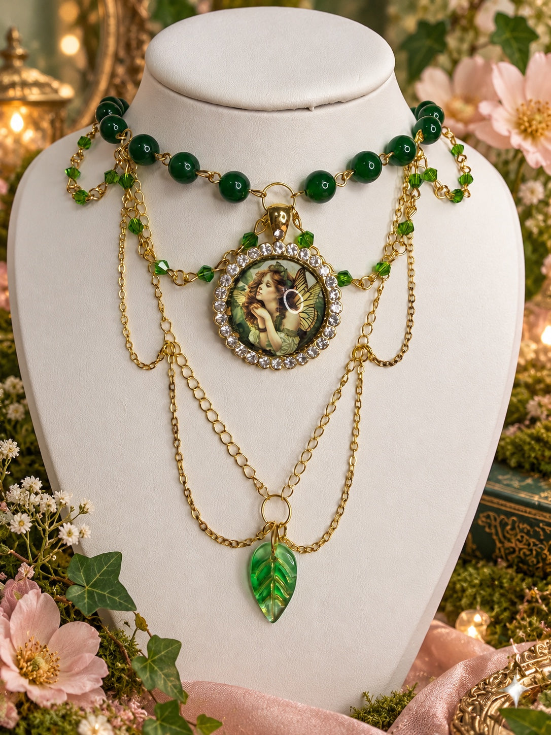 Layered gold-tone necklace with dark green beads, a round fairy portrait framed by clear sparkling accents, draped chains and a green leaf pendant.