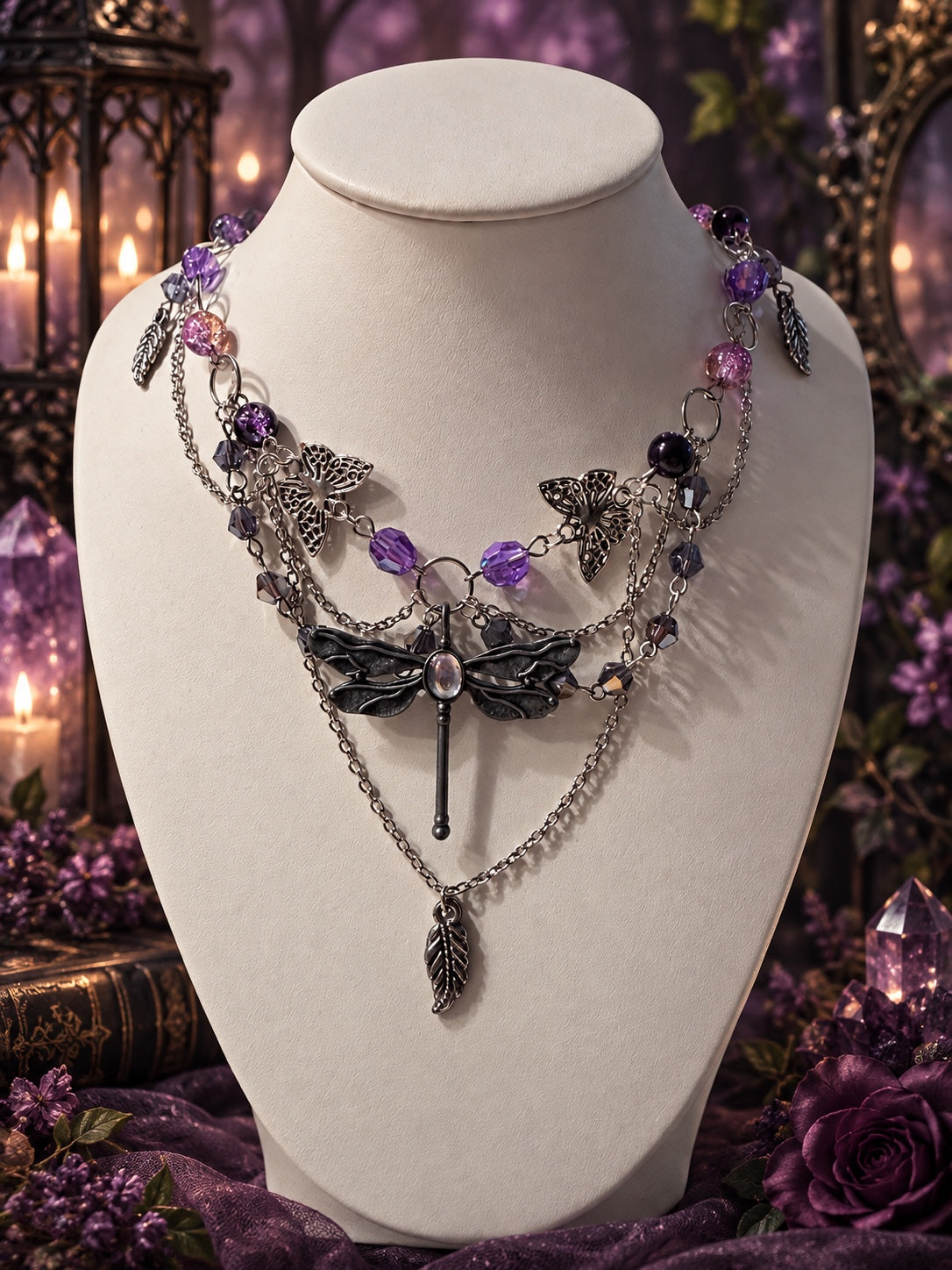 Handmade dark fairycore statement necklace with purple and black beads, layered silver-tone chains, butterfly details, leaves and a large dragonfly centerpiece