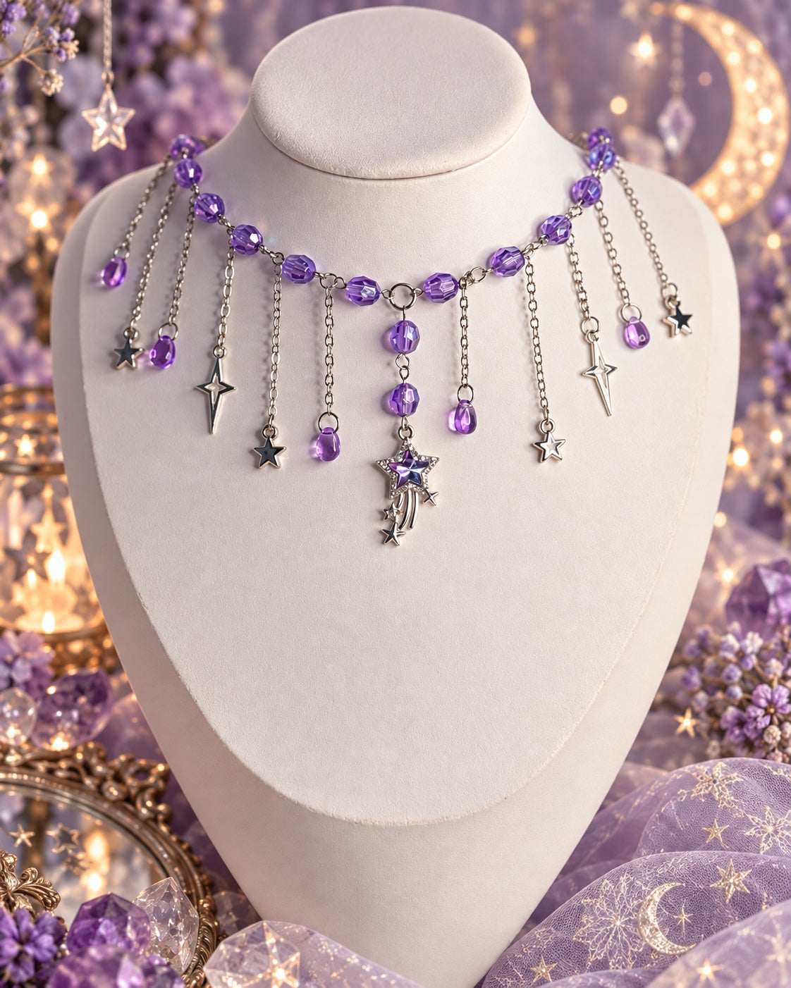 Purple beaded celestial necklace with silver-tone dangling stars, violet teardrops and a central shooting-star pendant