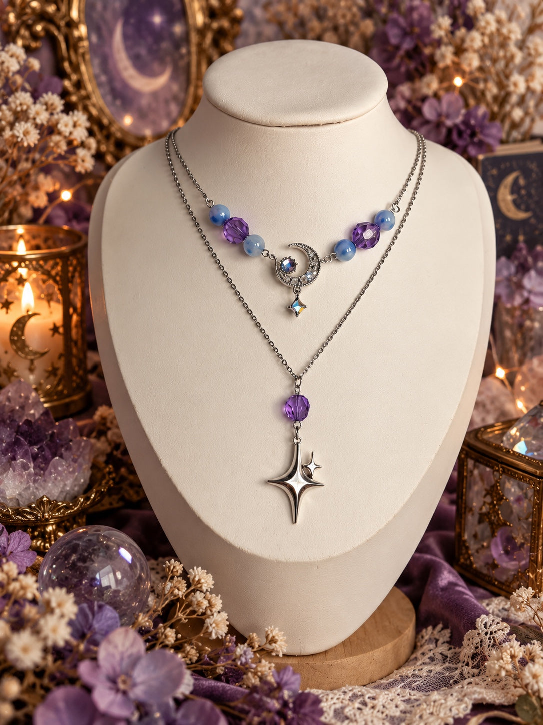 Layered silver-tone celestial necklace with blue and purple beads, a sparkling crescent moon and a long four-point star pendant