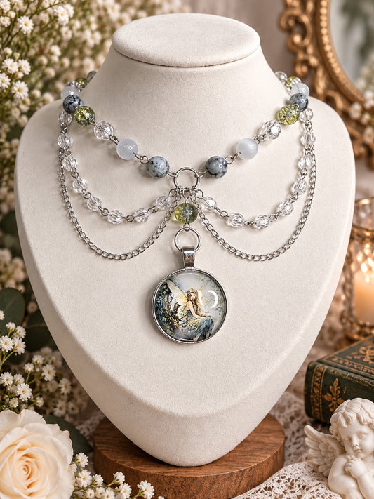 Layered silver-tone fairy necklace with clear, pale blue, marbled gray and olive green beads