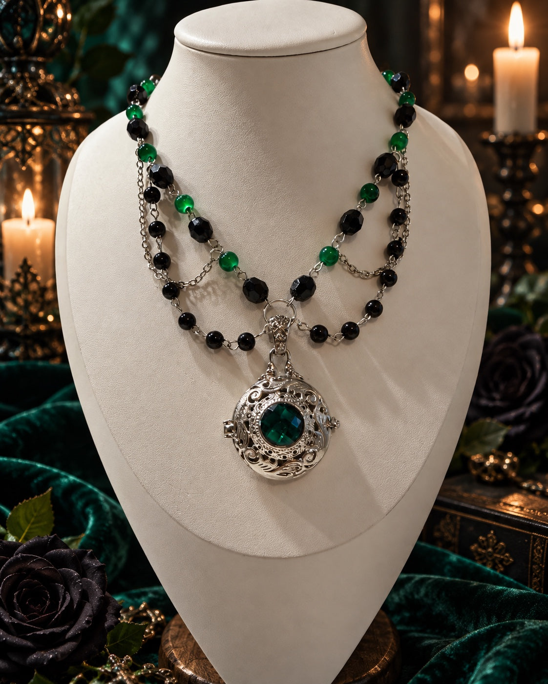 Handmade gothic witchy necklace with black and emerald green beads, layered silver-tone chains and an ornate silver locket with a green jewel